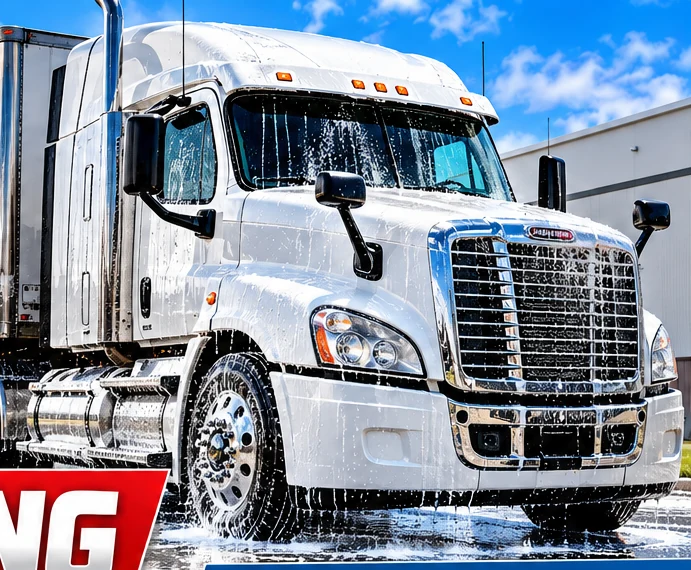 Clean white semi truck at a commercial fleet yard